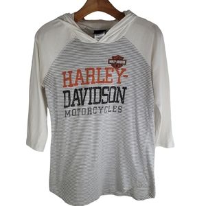 Harley davidson large Gray white striped Hooded 3/4 sleeves t-shirt